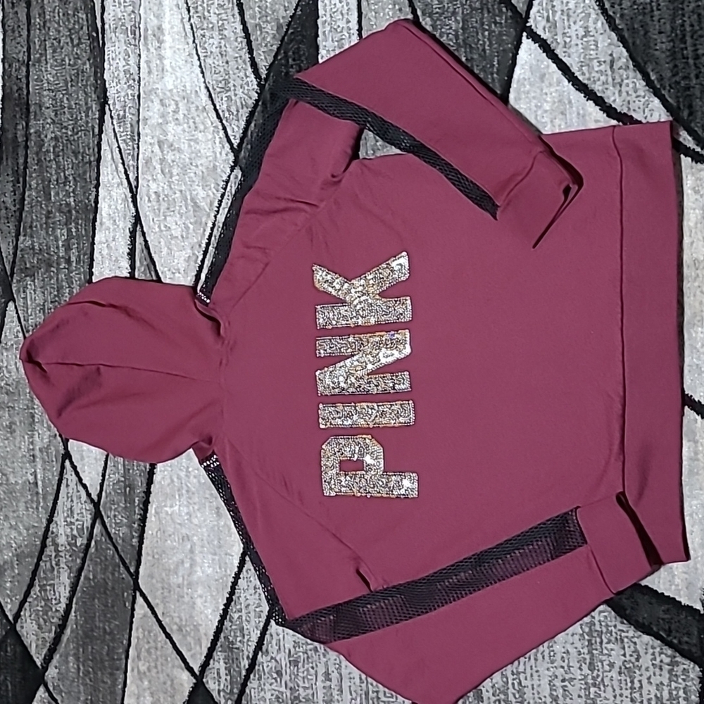 VS PINK 2018 MESH BLING SILVER SEQUINS LOGO FULL-ZIP HOODIE JACKET PRICE…